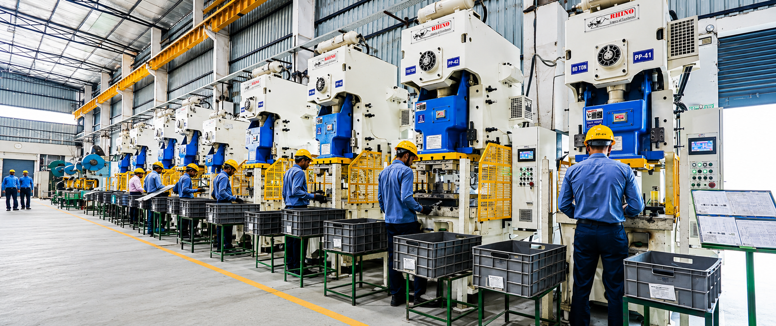 Workers operating Rhino power press machines in production line